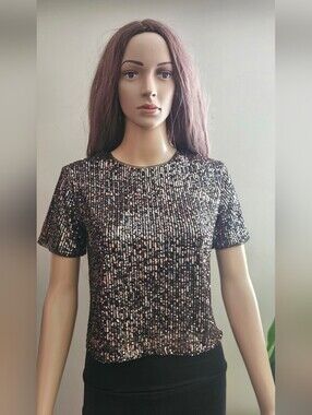 Cat & Jack Sequin Short-Sleeve Crop Party Top - Black & Rose Gold